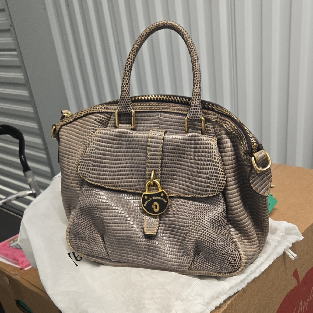 Dooney & Bourke Tan Satchel with Structured Design and Gold Accents W Dust Bag